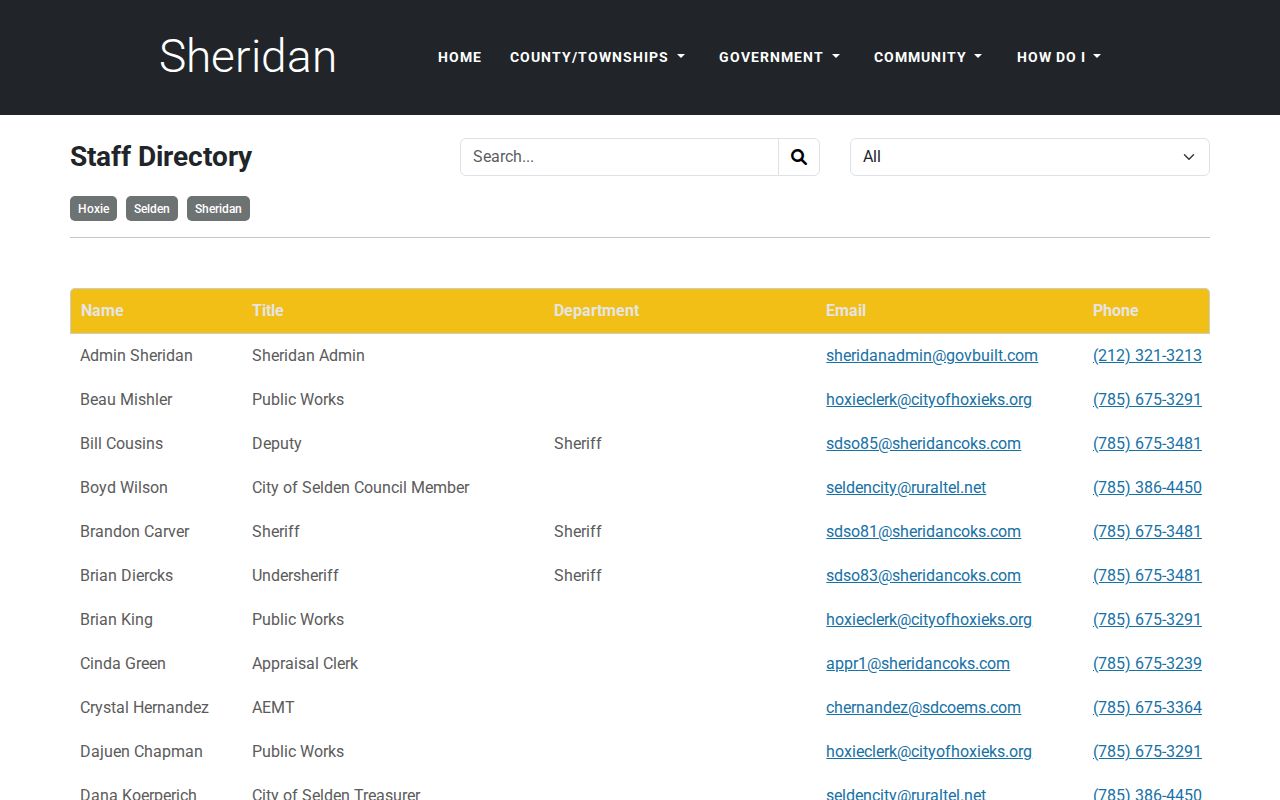 Sheridan County court records staff and city contact directory